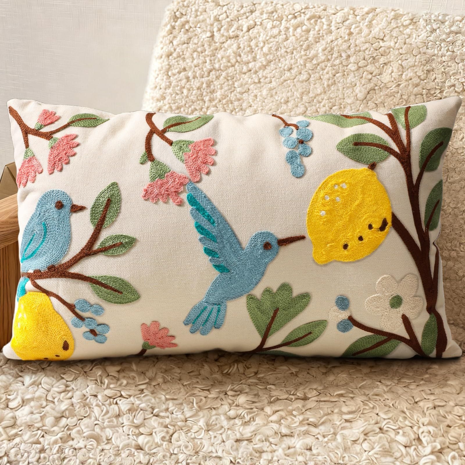 Bird Lemon Embroidered Lumbar Pillow Cover product view