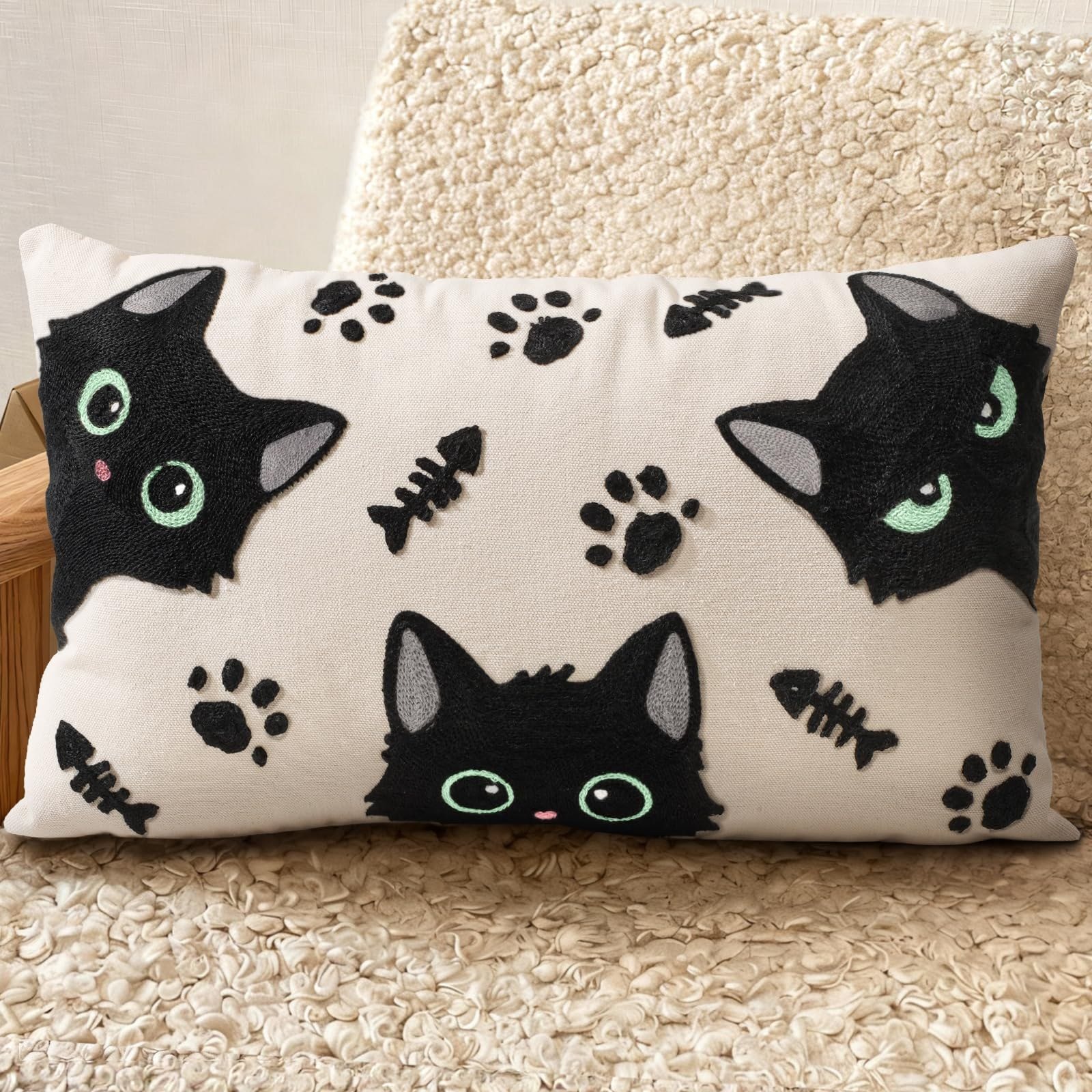 Cat Bone Embroidered Lumbar Pillow Cover product view