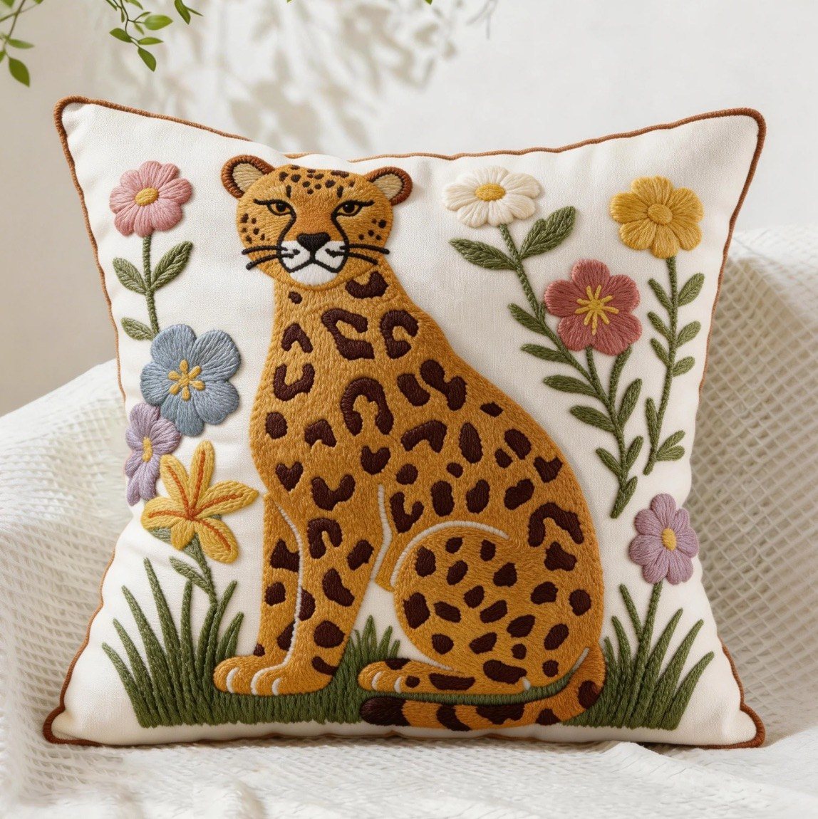 Floral Leopard Embroidered Pillow Cover product view