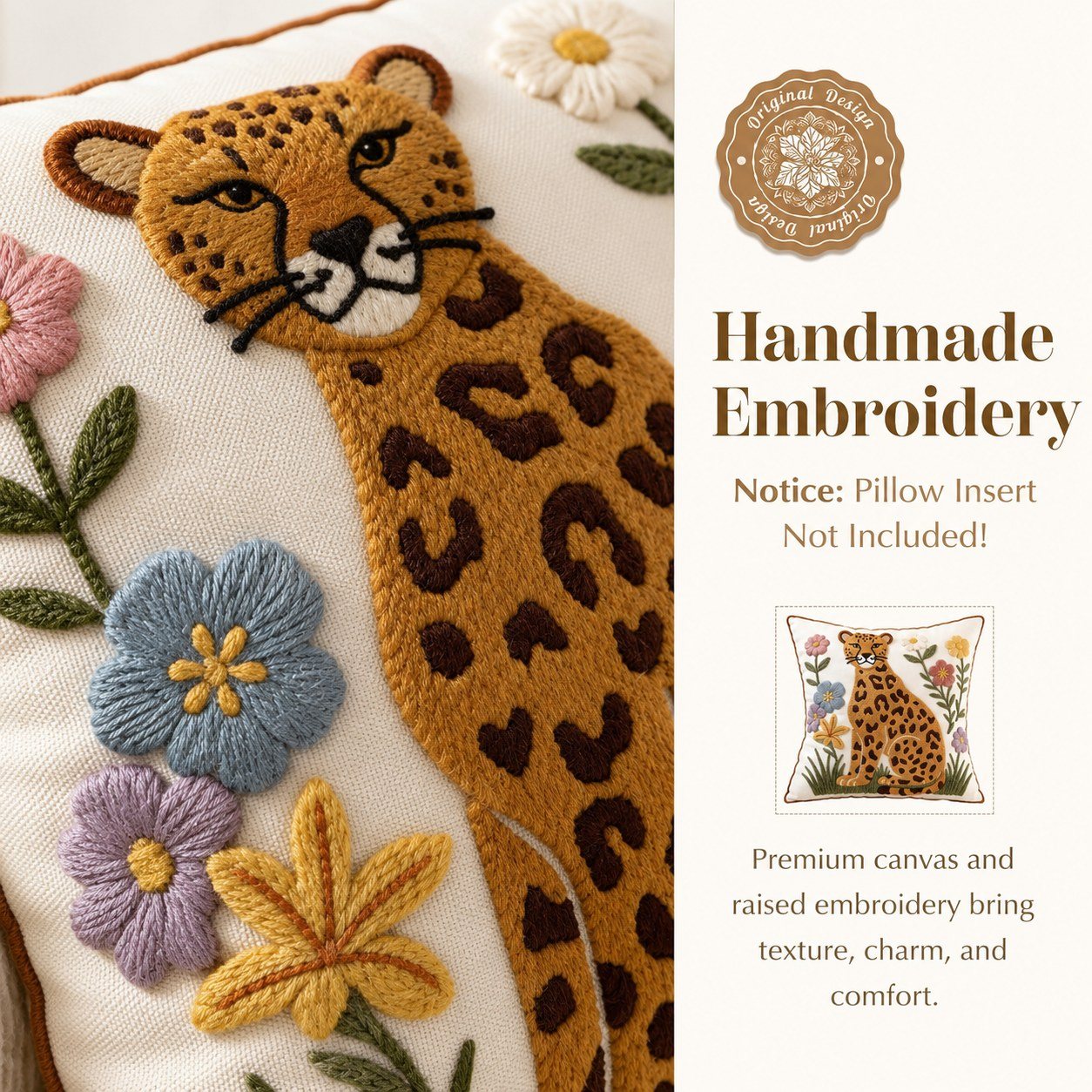 Floral Leopard Embroidered Pillow Cover styled in a room
