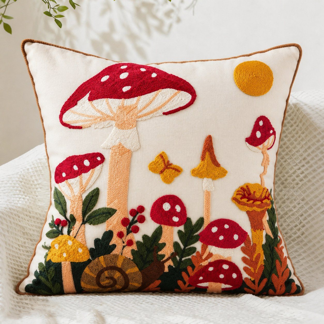 Mushroom Moon Embroidered Pillow Cover product view