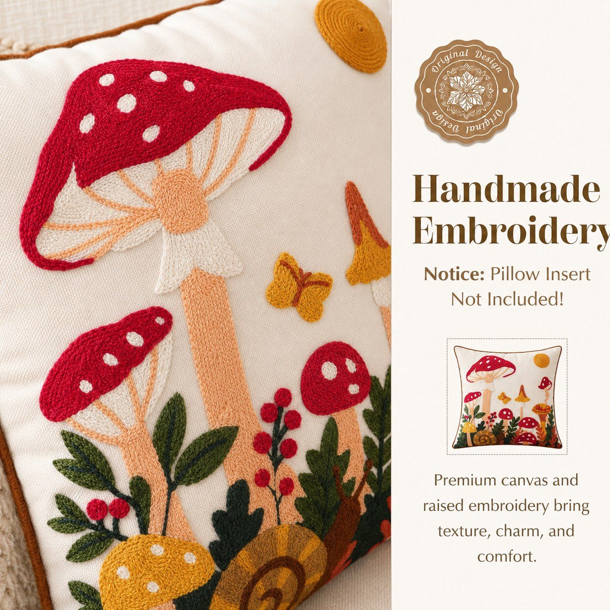 Mushroom Moon Embroidered Pillow Cover styled in a room