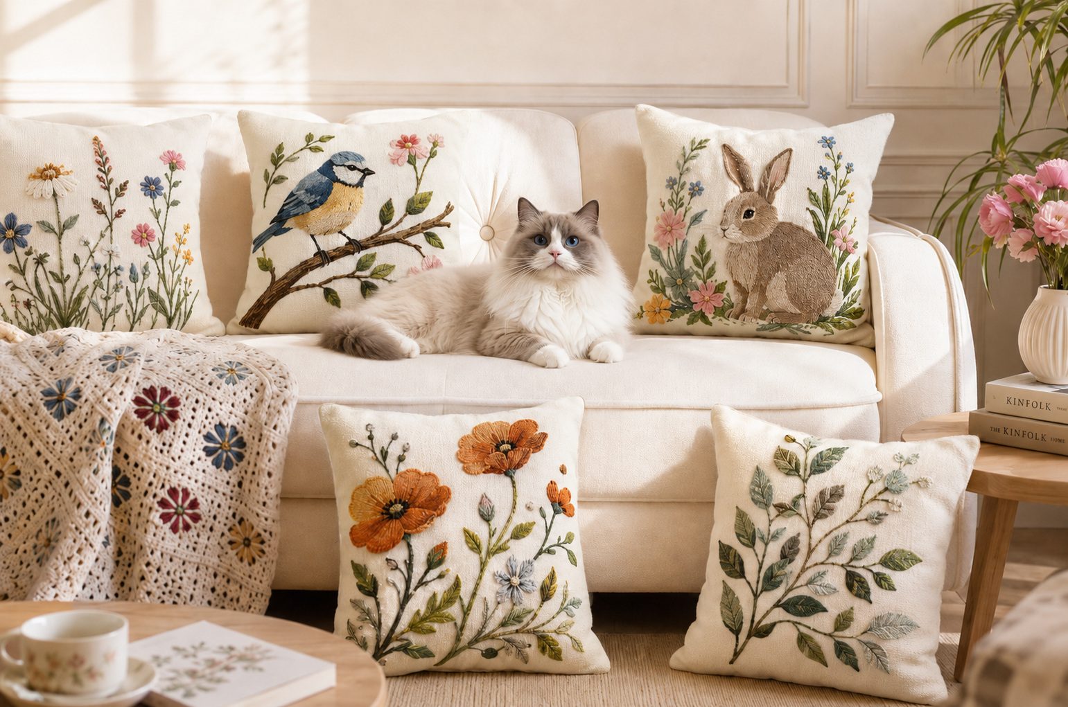 Cozeline embroidered pillow covers in a styled home